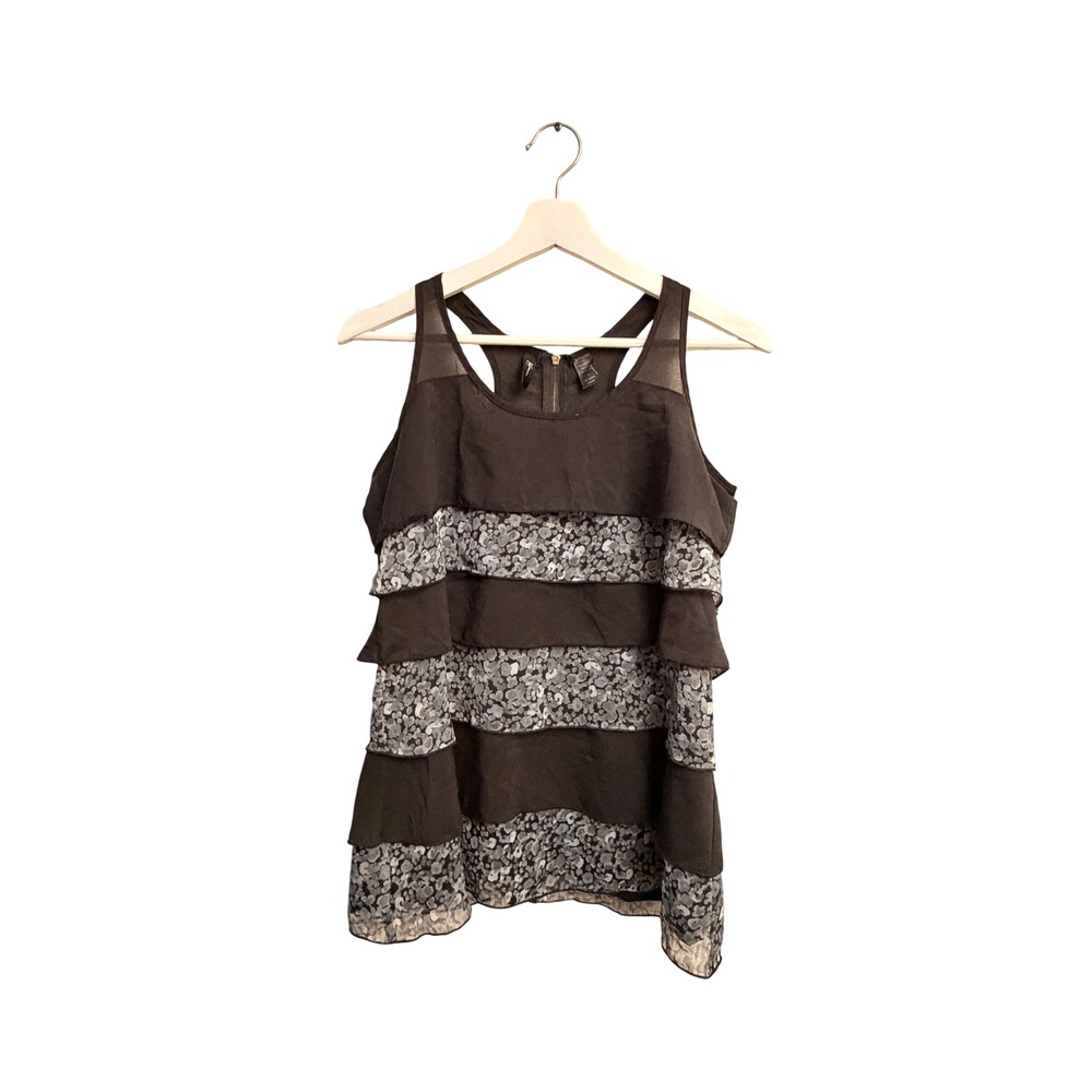 Kylie Tiered Ruffle Tank Top Womens Small Black Grey Floral Racerback PM5273